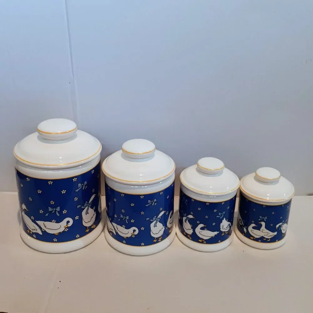 Vintage Ceramic Goose Canister Set-With Lids-Set Of 4-Geese-Ribbons-Country